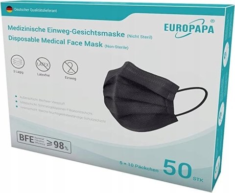 50x MASKA MASECZKA MEDYCZNA OCHRONNA EUROPAPA KN95 CE CZARNA 50 SZTUK