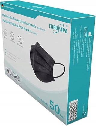 50x MASKA MASECZKA MEDYCZNA OCHRONNA EUROPAPA KN95 CE CZARNA 50 SZTUK
