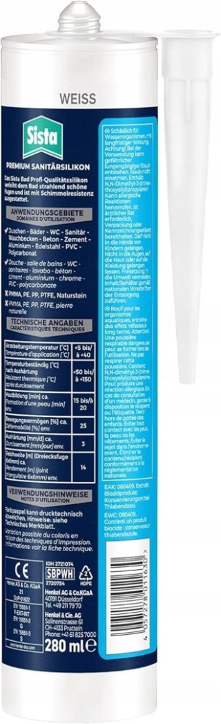 USZCZELNIACZ SILIKON SANITARNY BIAŁY SISTA 280ML