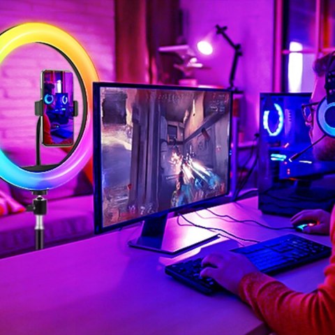 LAMPA PIERŚCIENIOWA LED RGB MAKIJAŻ USB 12'' + MINI STATYW