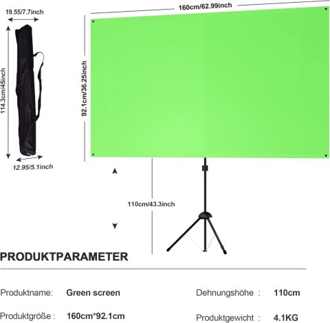 TŁO FOTOGRAFICZNE ZIELONY EKRAN PROJEKCYJNY NA STATYWIE GREEN SCREEN 70"