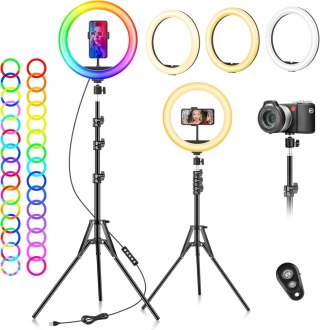 LAMPA PIERŚCIENIOWA LED RING RGB 10'' + STATYW UCHWYT NA TELEFON PILOT