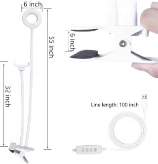 LAMPA PIERŚCIENIOWA RING LED Z KLIPSEM BIURKOWA GĘSIA SZYJA BIAŁA AGM