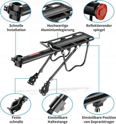 BAGAŻNIK ROWEROWY ALUMINIOWY TYLNY Z ODBLASKIEM 24-29" SPGOOD