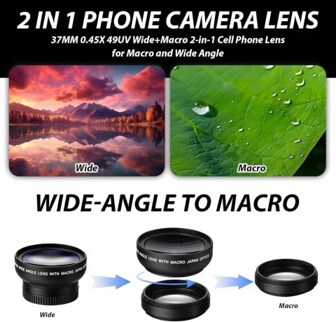 OBIEKTYWY DO TELEFONU 2W1 0.45x SZEROKOKĄTNY WIDE + 12.5x MAKRO