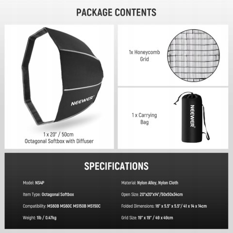 SOFTBOX MODYFIKATOR ŚWIATŁA DO LAMPY BŁYSKOWEJ NEEWER 50CM OCTAGONAL