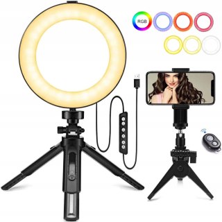 LAMPA PIERŚCIENIOWA LED RGB USB 6'' + MINI STATYW PILOT UCHWYT NA TELEFON