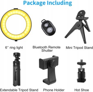 LAMPA PIERŚCIENIOWA LED RGB USB 6'' + MINI STATYW PILOT UCHWYT NA TELEFON