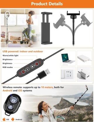 LAMPA PIERŚCIENIOWA LED RING RGB 12'' + PILOT UCHWYT NA TELEFON