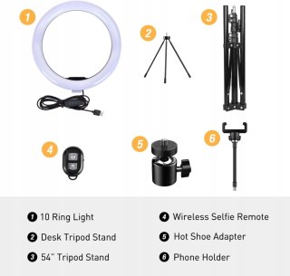 LAMPA PIERŚCIENIOWA MAKIJAŻ RING USB 10'' + STATYW UCHWYT NA TELEFON PILOT