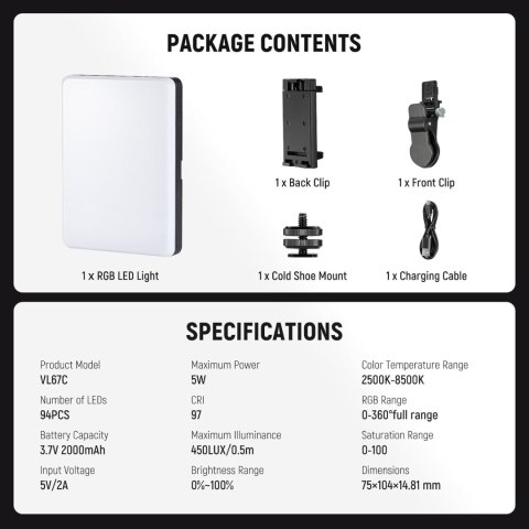 LAMPA LED RGB DO SELFIE TELEFONU LAPTOPA APARATU NEEWER VL67C Z KLIPSEM